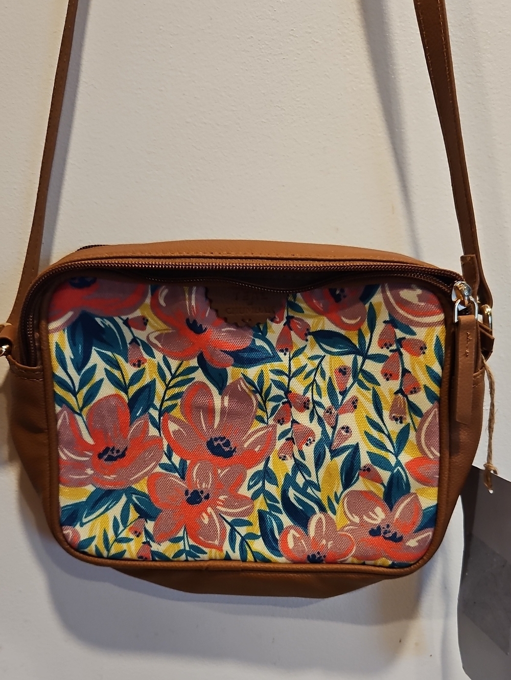 Tan Floral Canvas Crossbody Purse